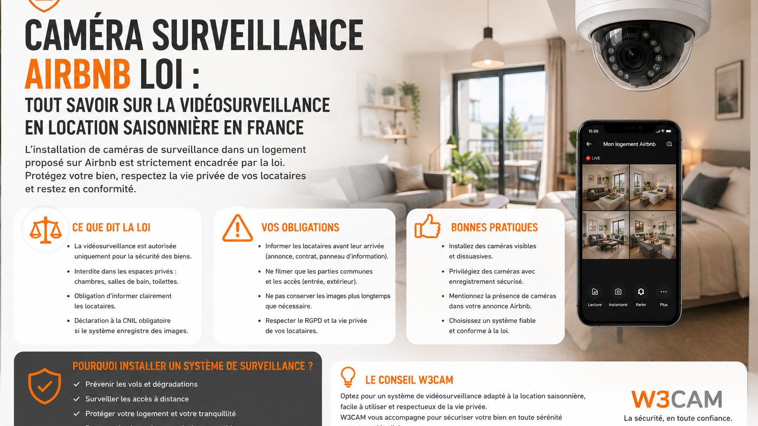 Caméra Airbnb : loi, interdictions et règles 2026 | W3CAM