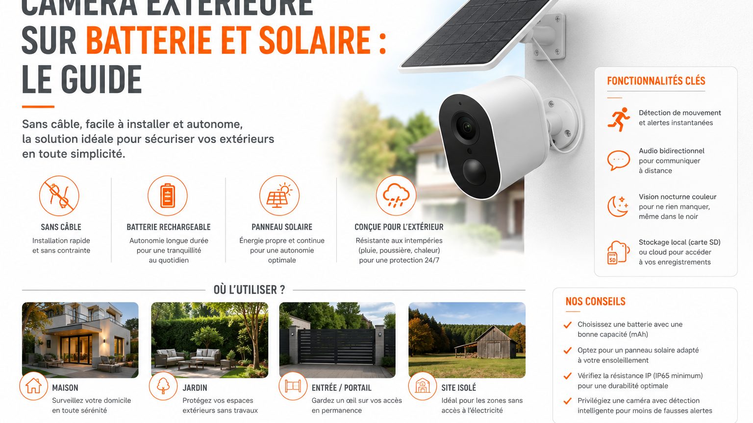 Caméra extérieure solaire : batterie, WiFi ou 4G